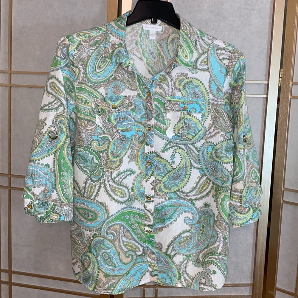 Charter Club linen top, paisley blues and greens, women’s size Large